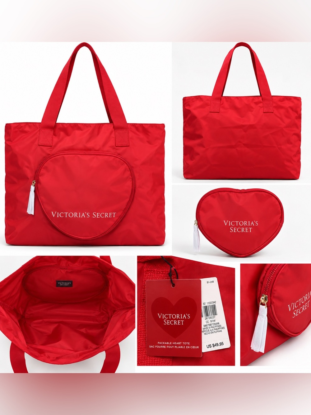 Victoria’s Secret Packable Heart Tote Bag Red Foldable Travel Shopper NWT